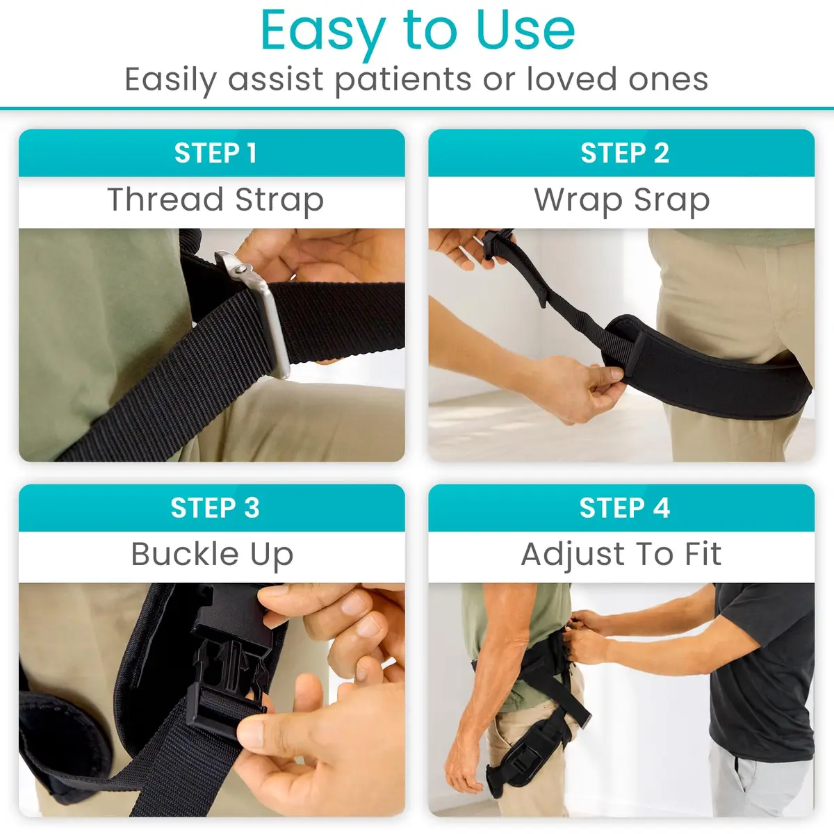 Vive Heavy Duty Transfer Belt with Leg Straps & Handles - 350 lb Capacity, Black - view 6