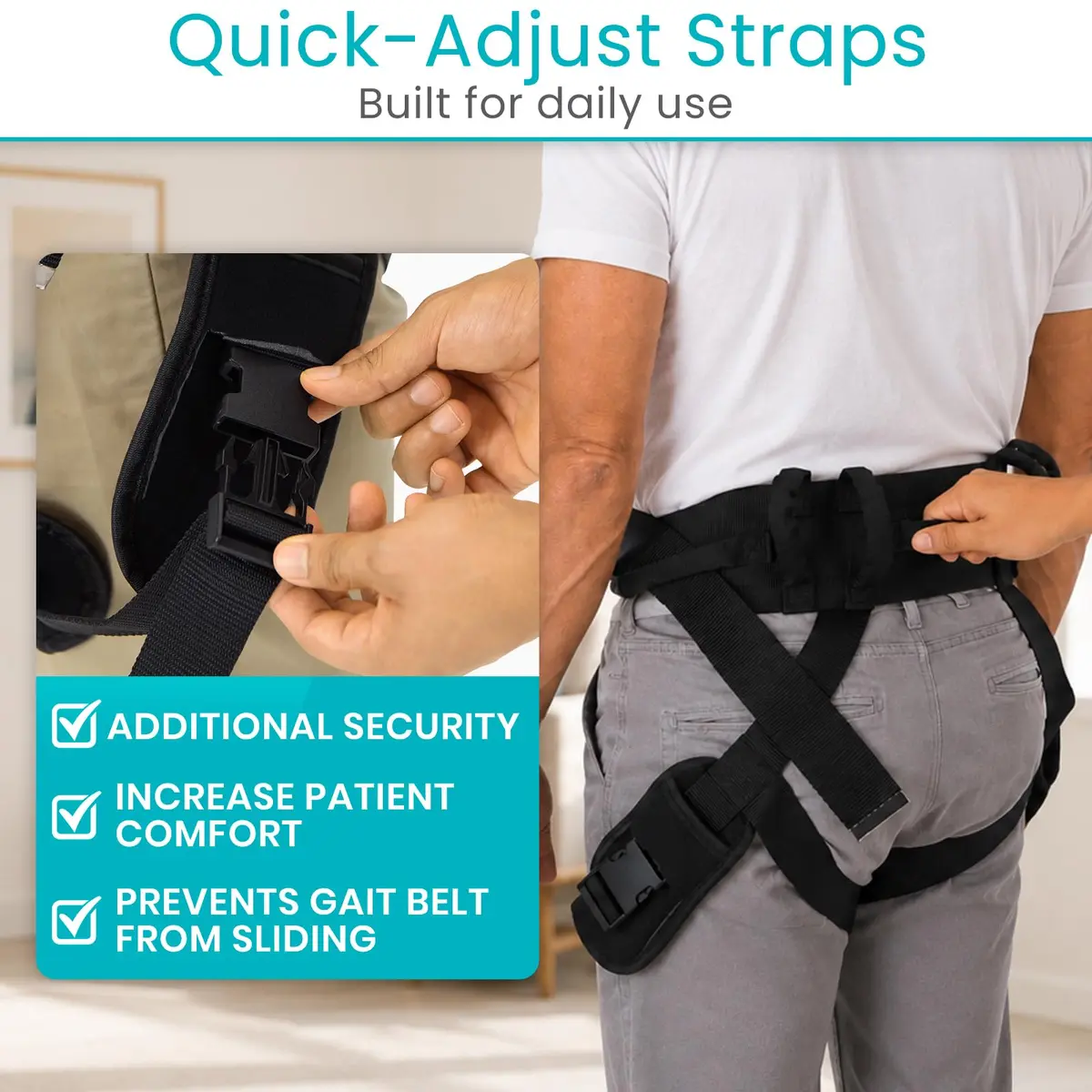 Vive Heavy Duty Transfer Belt with Leg Straps & Handles - 350 lb Capacity, Black - view 7