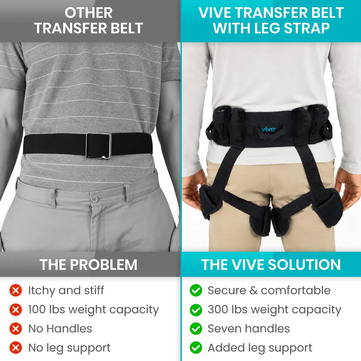 Vive Heavy Duty Transfer Belt with Leg Straps & Handles - 350 lb Capacity, Black - view 8