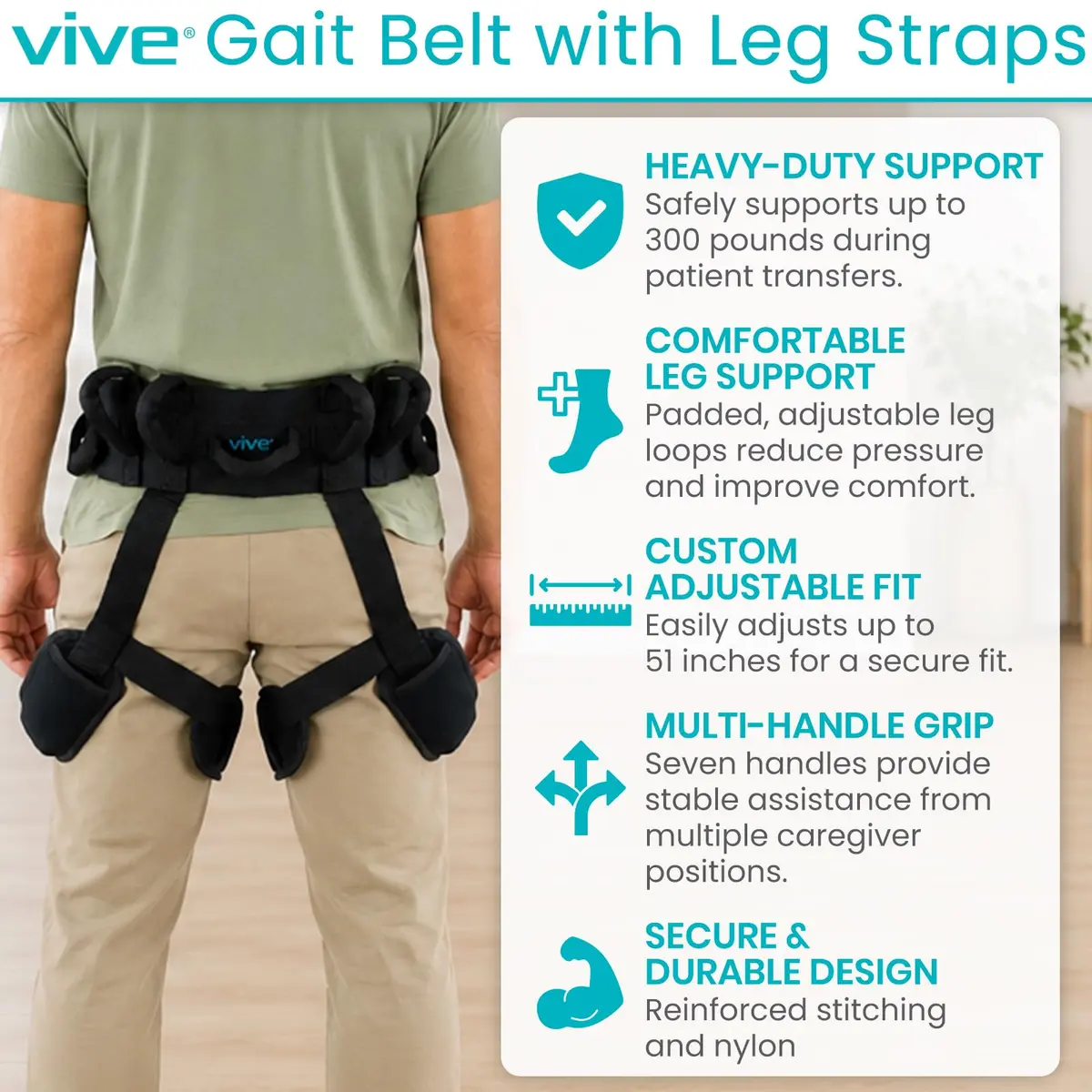 Vive Heavy Duty Transfer Belt with Leg Straps & Handles - 350 lb Capacity, Black - view 2