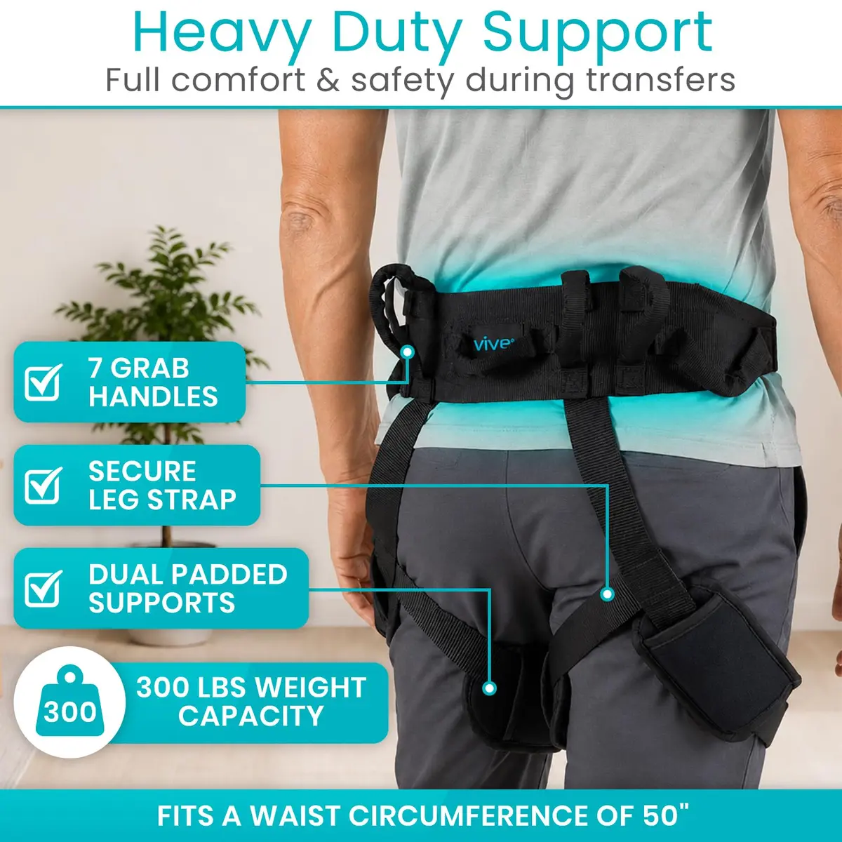 Vive Heavy Duty Transfer Belt with Leg Straps & Handles - 350 lb Capacity, Black - view 3