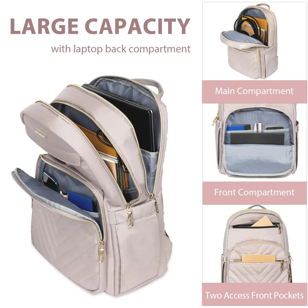 VANKEAN Quilted Light Dusty Pink/Grey Purple 15.6 Inch Laptop Backpack | Waterproof Nylon Travel Bag - view 4