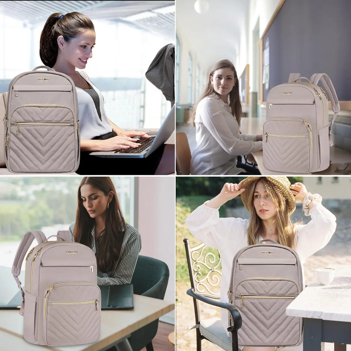 VANKEAN Quilted Light Dusty Pink/Grey Purple 15.6 Inch Laptop Backpack | Waterproof Nylon Travel Bag - view 5