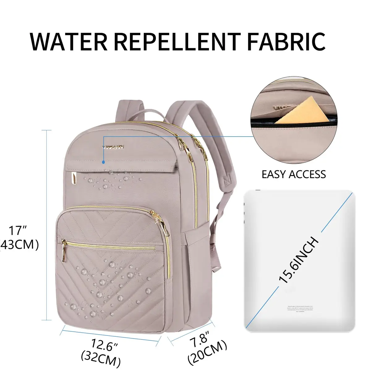 VANKEAN Quilted Light Dusty Pink/Grey Purple 15.6 Inch Laptop Backpack | Waterproof Nylon Travel Bag - view 2
