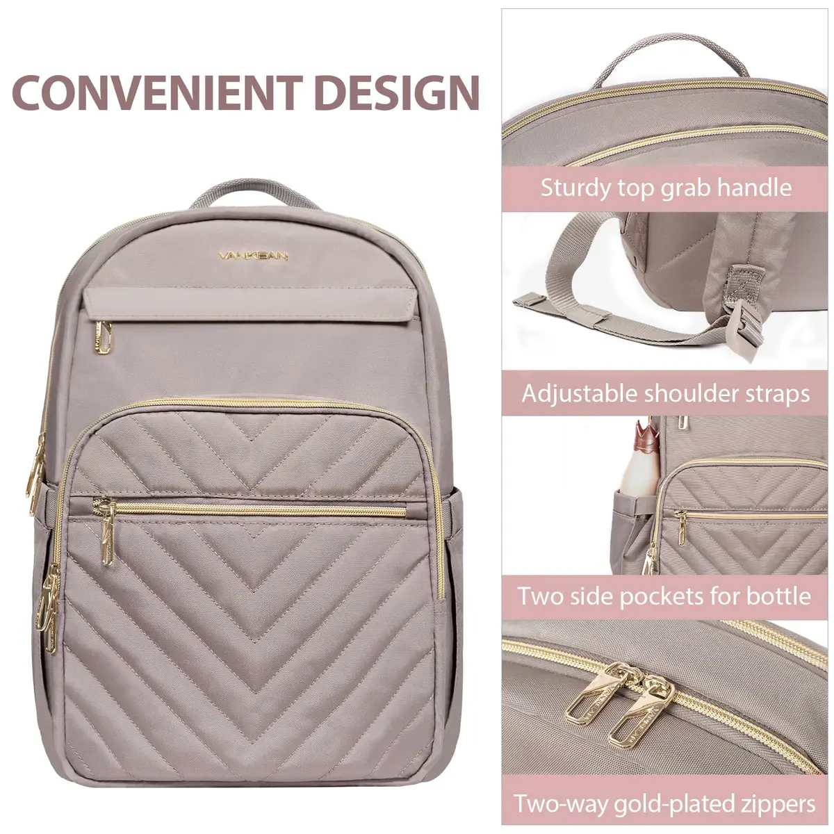 VANKEAN Quilted Light Dusty Pink/Grey Purple 15.6 Inch Laptop Backpack | Waterproof Nylon Travel Bag - view 3