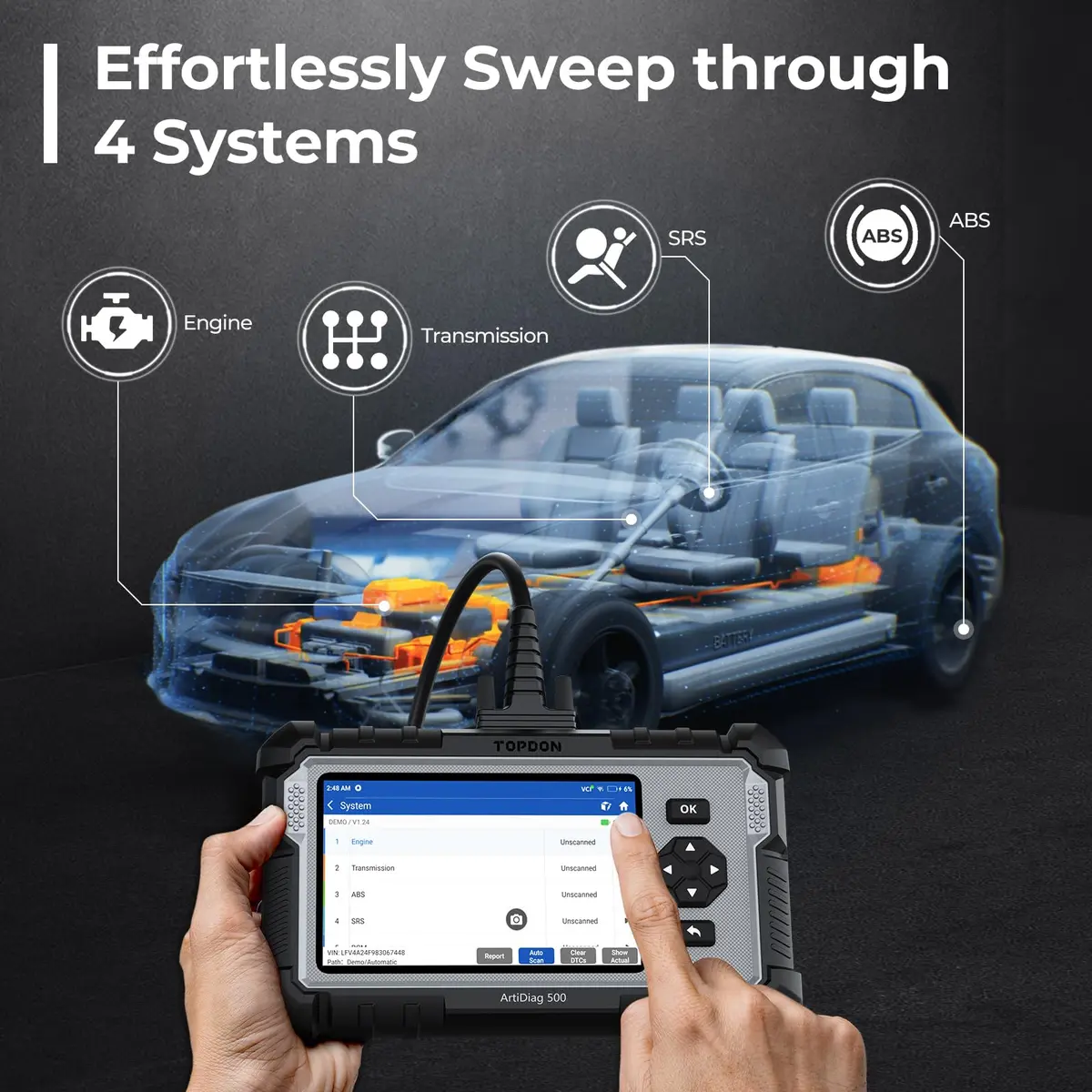 TOPDON AD500 Car Diagnostic Scanner, Engine ABS SRS Transmission | 4-System Vehicle Code Reader - view 3