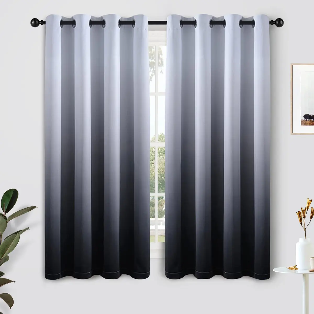 SimpleHome Ombre Gradient Black White to Gray Curtains for Bedroom, 52Wx63L | Modern Room Darkening Drapes with Grommets - main product image