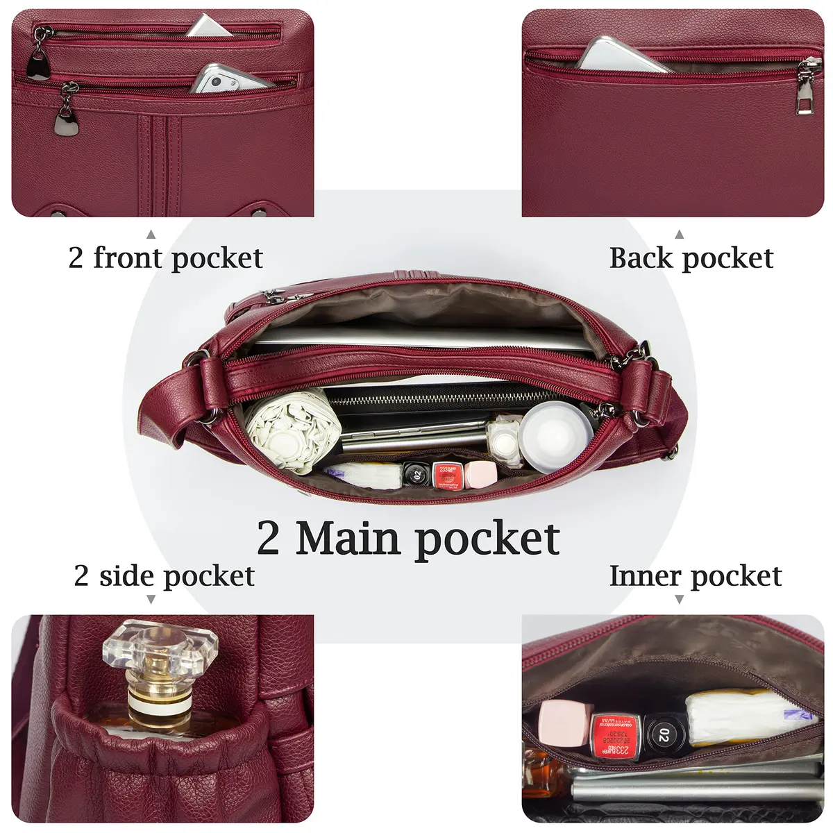 VOLGANIK ROCK Women Soft PU Leather Shoulder Handbag Multi Pocket Crossbody Bag Medium Roomy Red - view 6