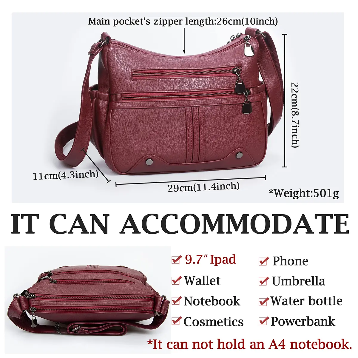 VOLGANIK ROCK Women Soft PU Leather Shoulder Handbag Multi Pocket Crossbody Bag Medium Roomy Red - view 3
