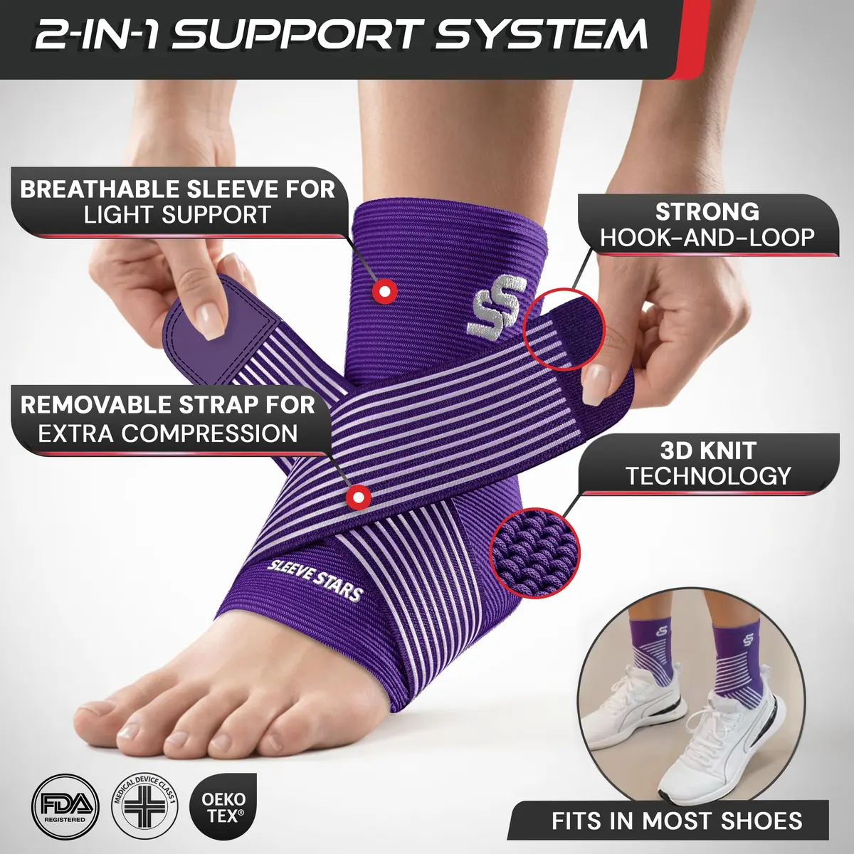 Sleeve Stars Ankle Brace for Plantar Fasciitis Relief, Medium, Dark Purple | FDA Approved Orthopedic Brace for Sprains & Pain - view 3