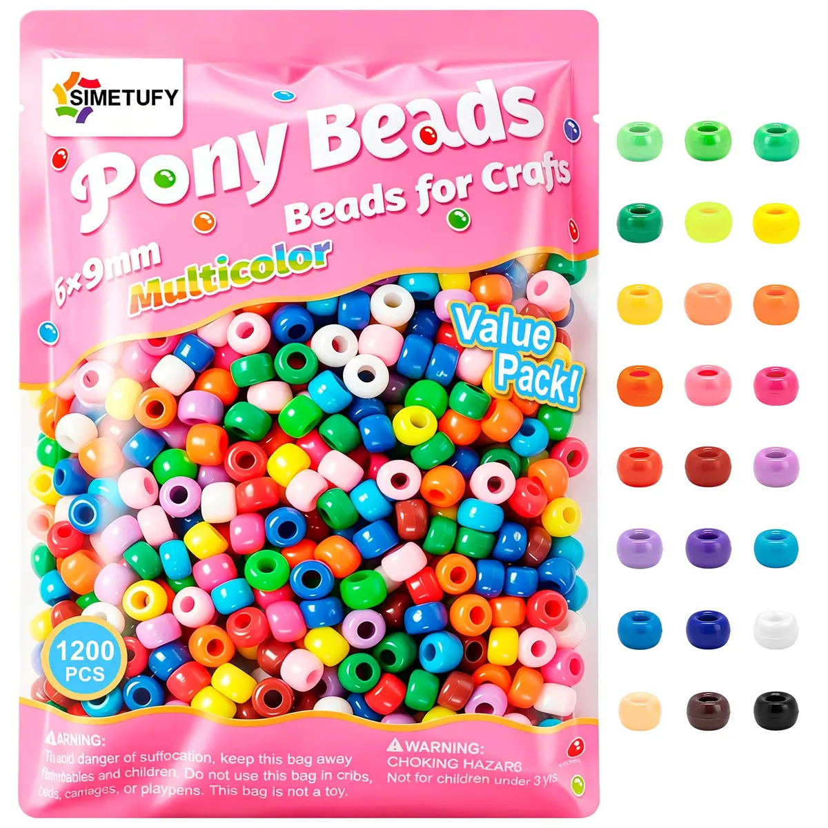 Simetufy Pony Beads for Bracelet Making 1200 pcs | Multi-Colored 6x9mm for DIY Crafts - main product image