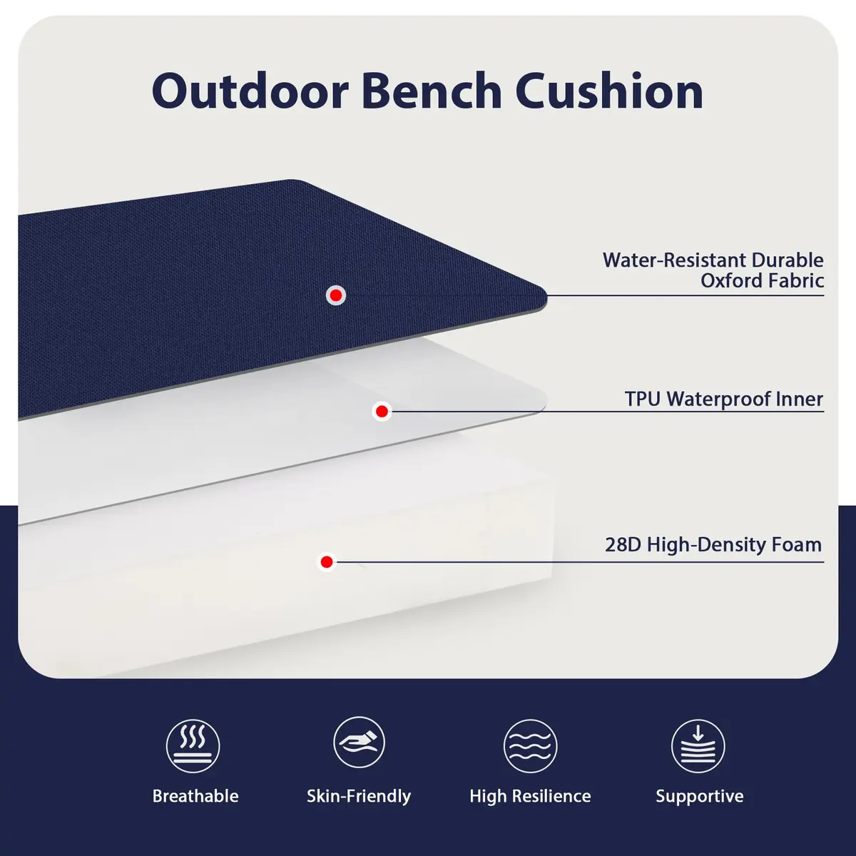 Favoyard Outdoor Bench Cushion 48 x 18 Inch Blue Waterproof Support - view 2