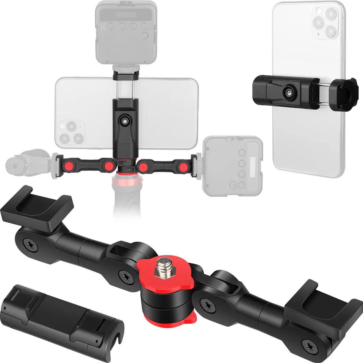 ChromLives Cold Shoe Mount Adapter with Phone Clip, Rotatable Dual Cold Shoe Extension Bracket for LED Light/Microphone - main product image