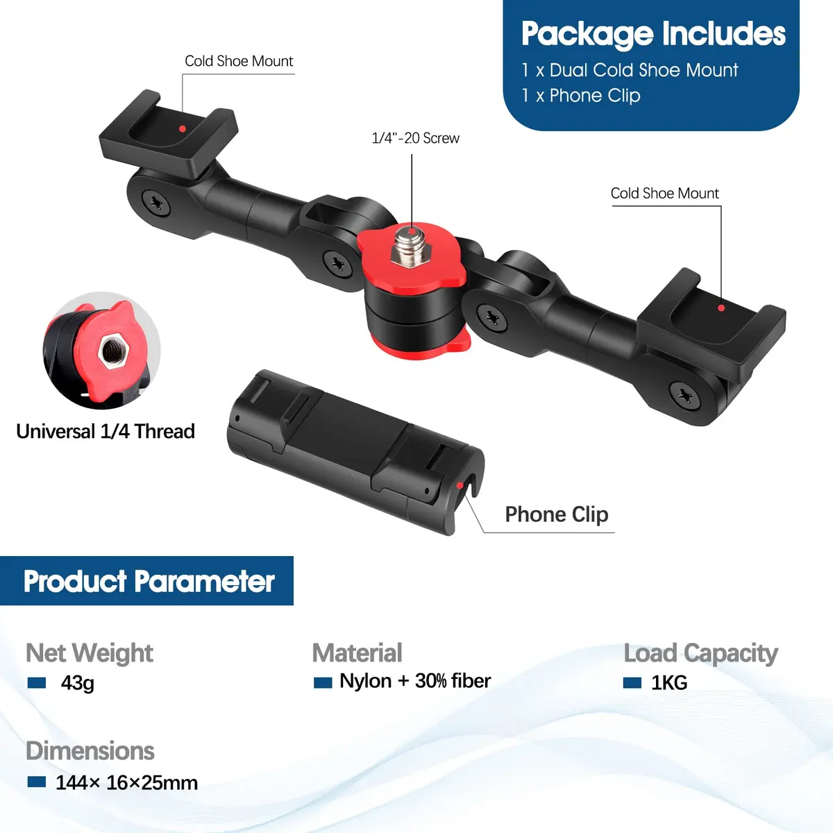 ChromLives Cold Shoe Mount Adapter with Phone Clip, Rotatable Dual Cold Shoe Extension Bracket for LED Light/Microphone - view 7