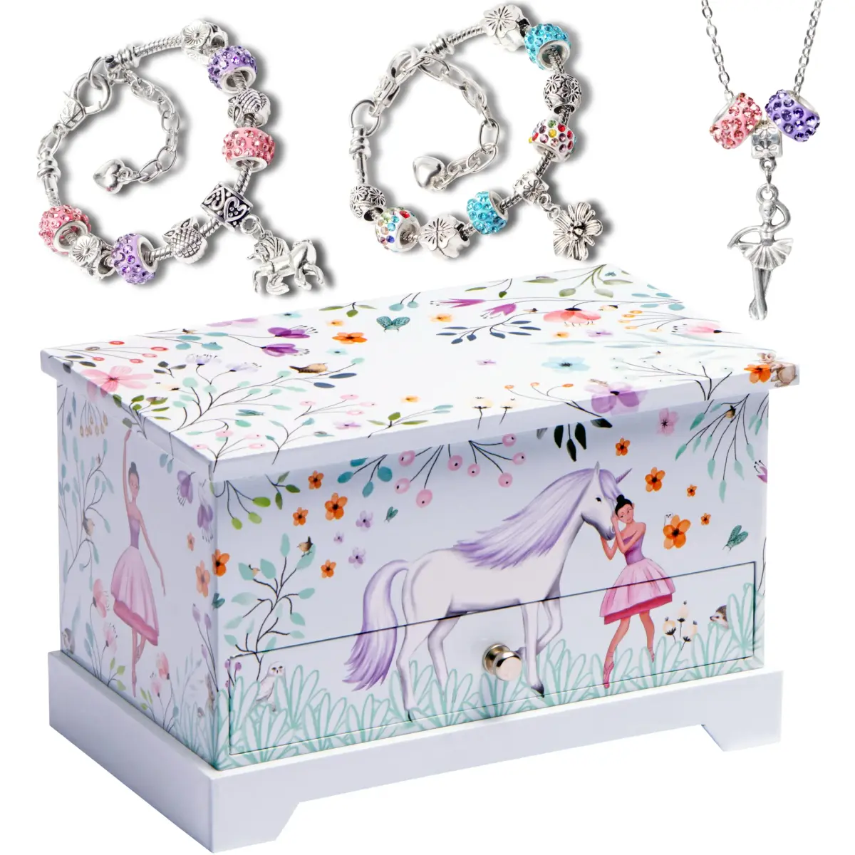 ABI + OLIE Ballerina Unicorn Kids Jewelry Box with Music & Jewelry Set, 18.5cm (7.3") | Musical Unicorn Organizer for Girls - main product image