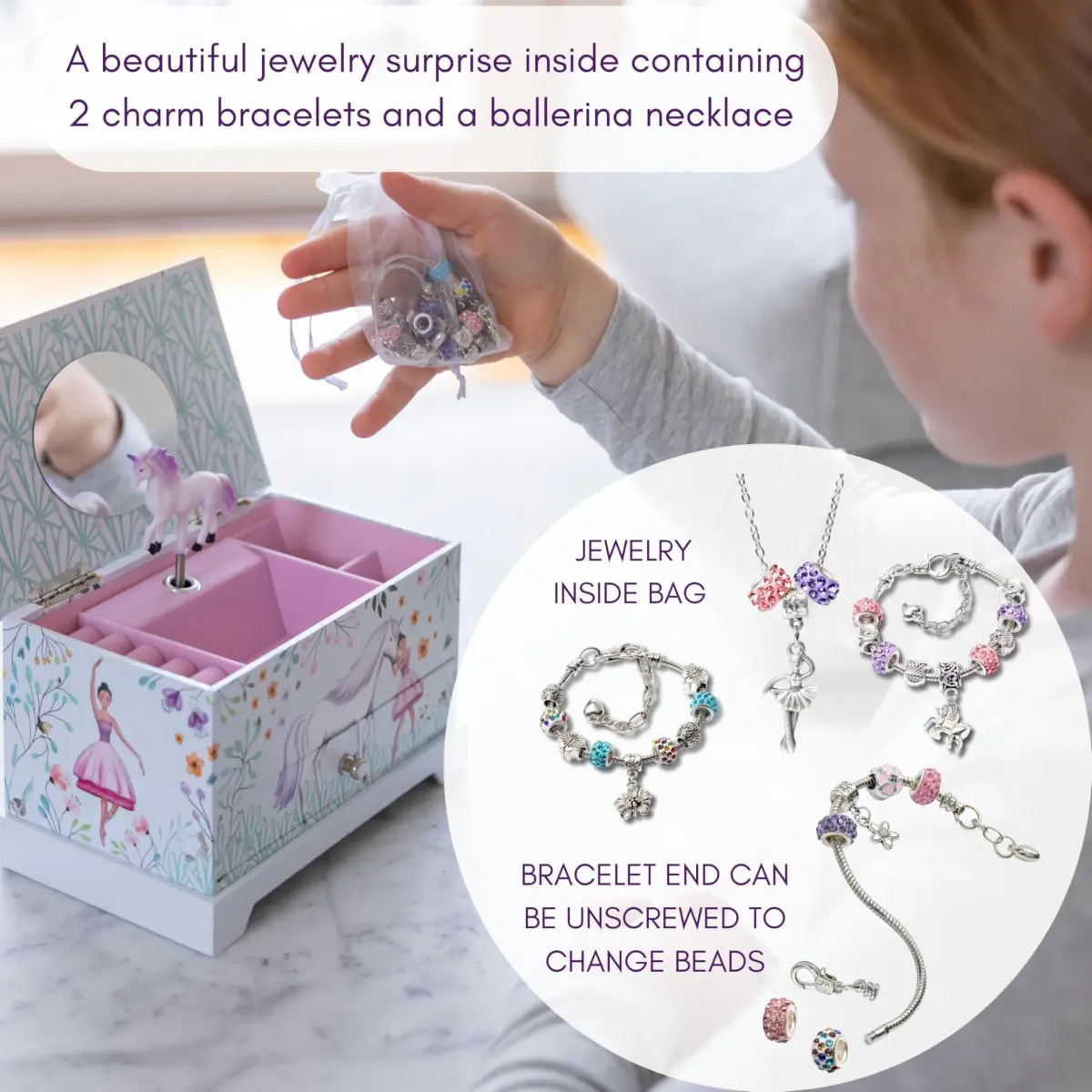 ABI + OLIE Ballerina Unicorn Kids Jewelry Box with Music & Jewelry Set, 18.5cm (7.3") | Musical Unicorn Organizer for Girls - view 5