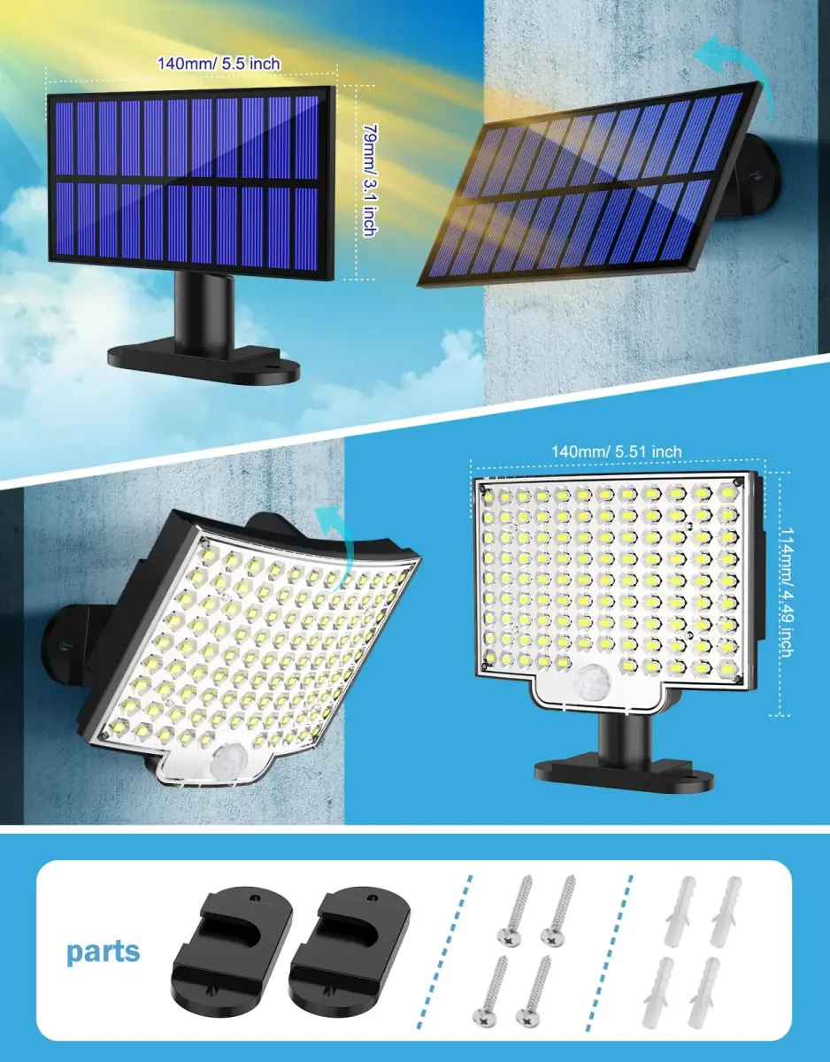 MPJ Solar Wall Light with Motion Sensor & Split Panel 106 LED, 5m Cable | IP65 Waterproof Outdoor Lighting - view 6