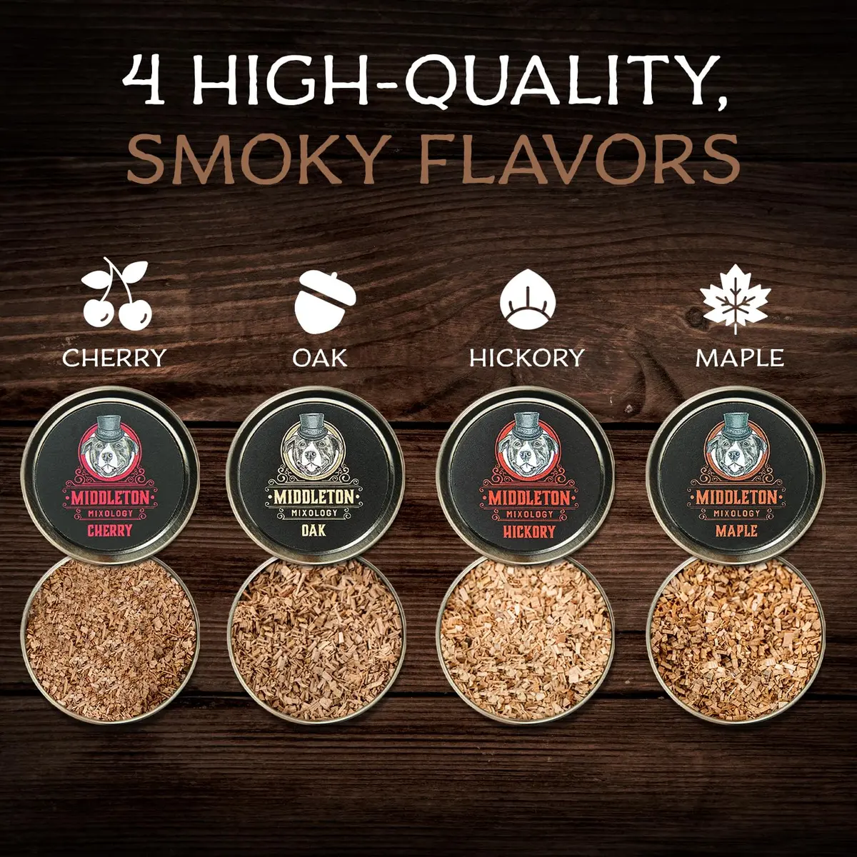 Middleton Mixology SmokeTop 4 Pack of Wood Chips | Cocktail & Food Smoking Chips, Made in The USA (Cherry, Hickory, Maple, Oak) - view 3