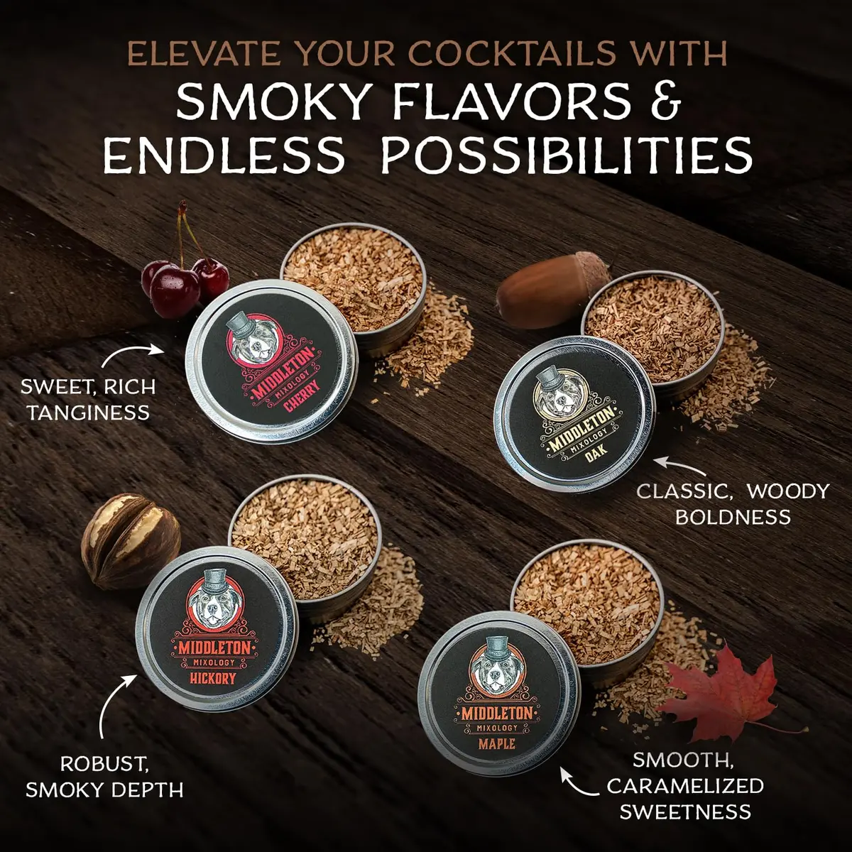 Middleton Mixology SmokeTop 4 Pack of Wood Chips | Cocktail & Food Smoking Chips, Made in The USA (Cherry, Hickory, Maple, Oak) - view 4