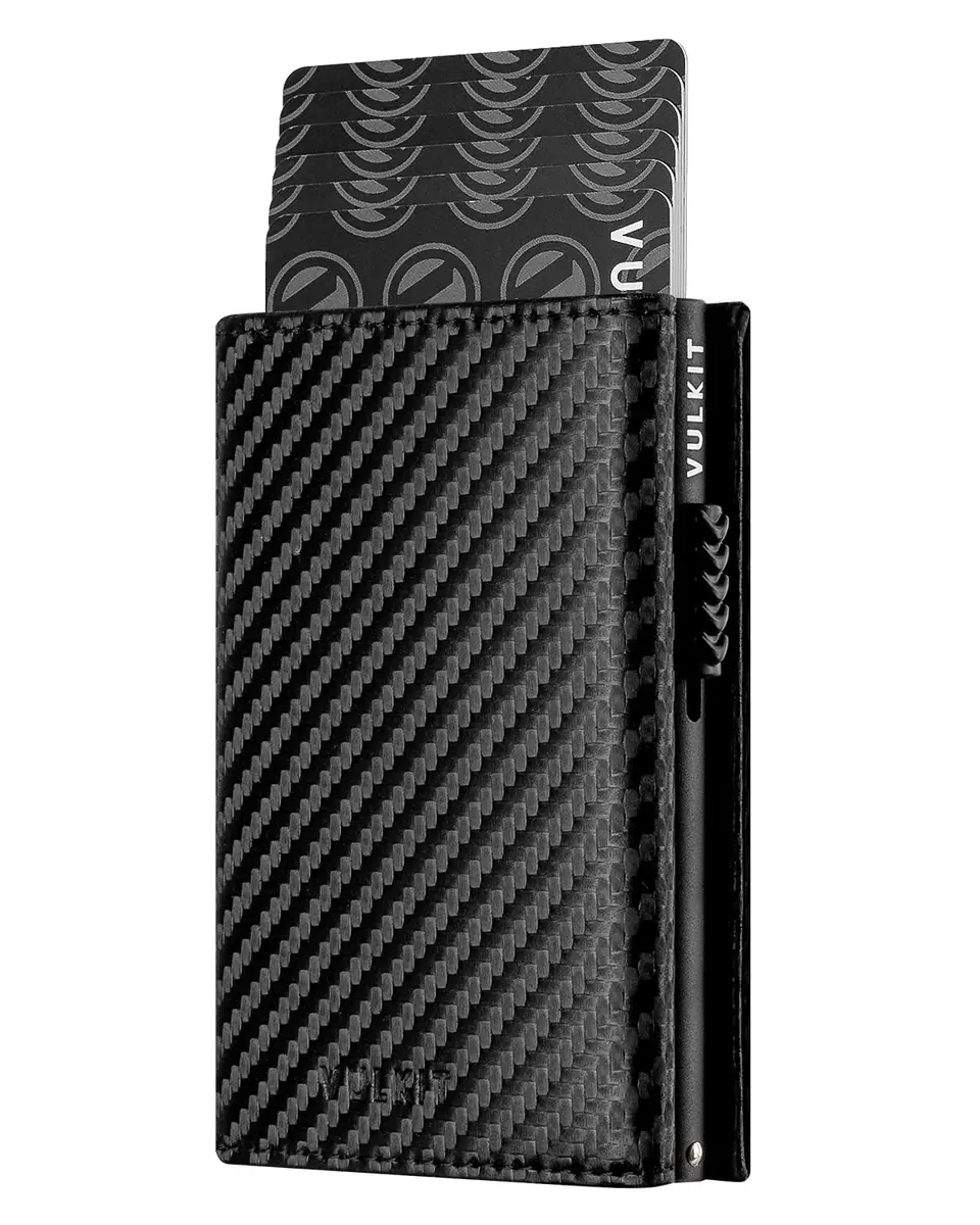 VULKIT Card Holder Wallet with Coin Pocket CF Black | RFID/NFC Blocking Leather Wallet for Cash & Cards - main product image