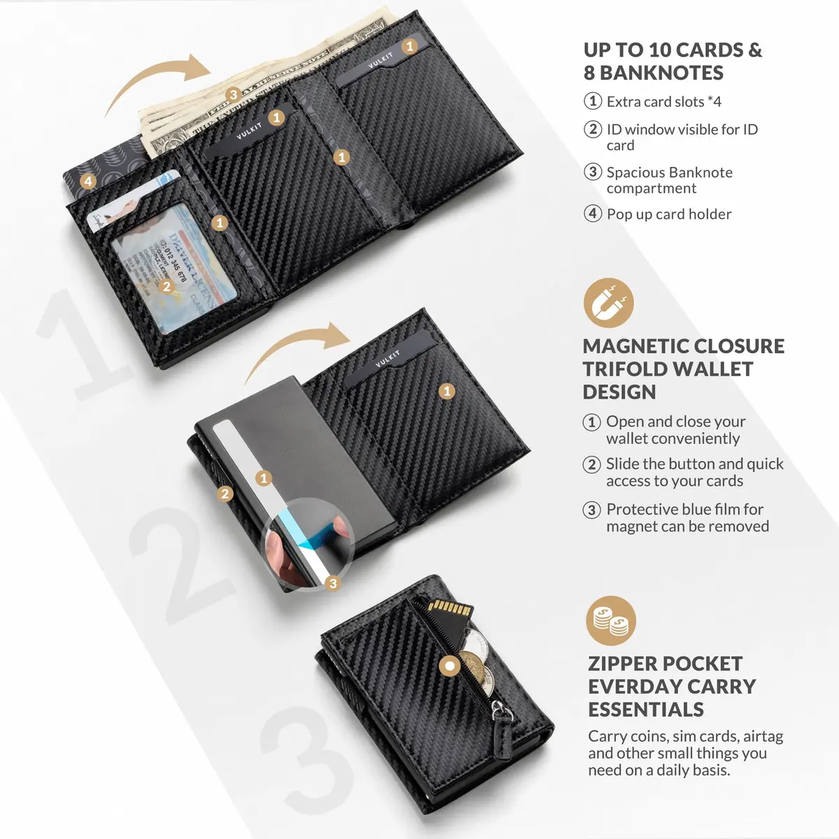 VULKIT Card Holder Wallet with Coin Pocket CF Black | RFID/NFC Blocking Leather Wallet for Cash & Cards - view 2