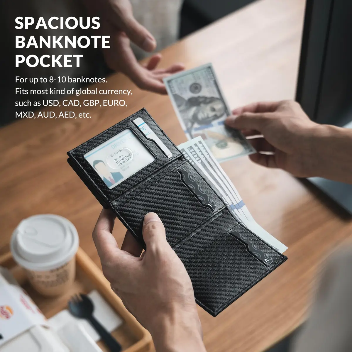 VULKIT Card Holder Wallet with Coin Pocket CF Black | RFID/NFC Blocking Leather Wallet for Cash & Cards - view 4