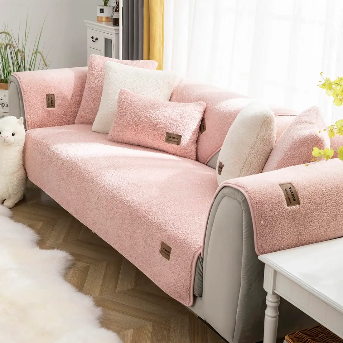 vctops Sherpa Fleece Sofa Couch Cover 36"x36" | Super Soft Plush Fuzzy Non Slip Furniture Protector (Pink) - main product image