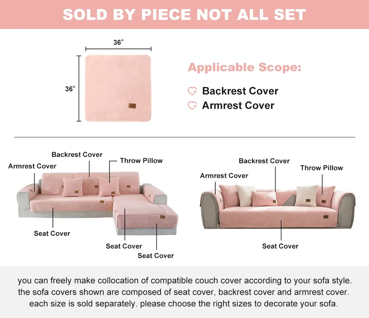 vctops Sherpa Fleece Sofa Couch Cover 36"x36" | Super Soft Plush Fuzzy Non Slip Furniture Protector (Pink) - view 2