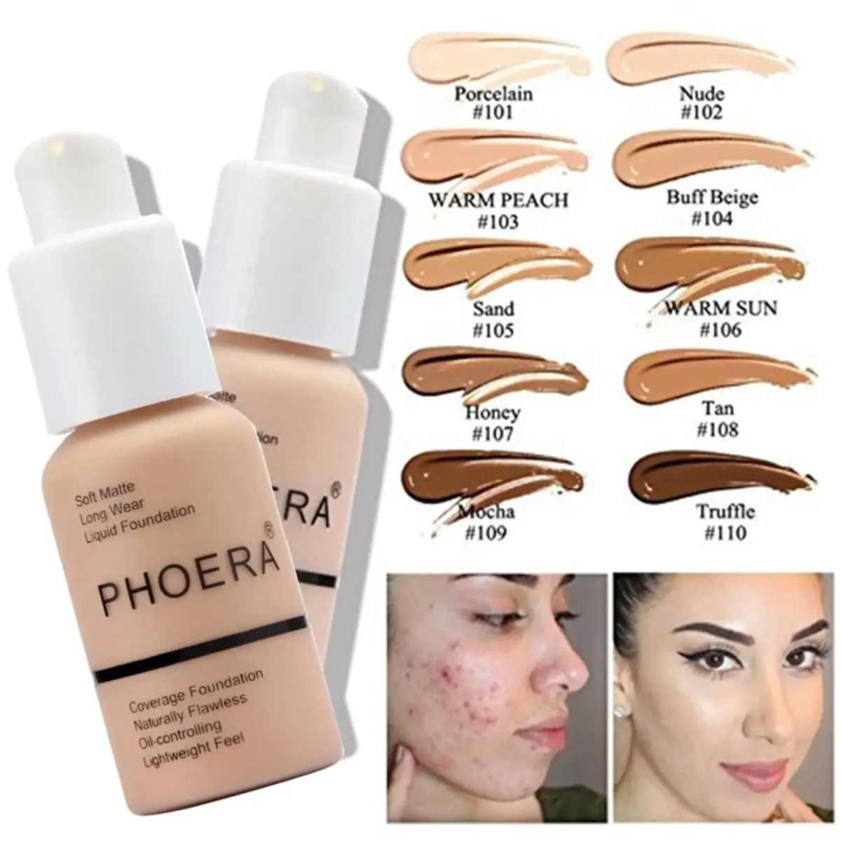 PHOERA Matte Liquide Foundation Full Coverage Set with Kabuki Brushes & Sponges (Buff Beige) | 30ml (1.01 Fl Oz) - view 2