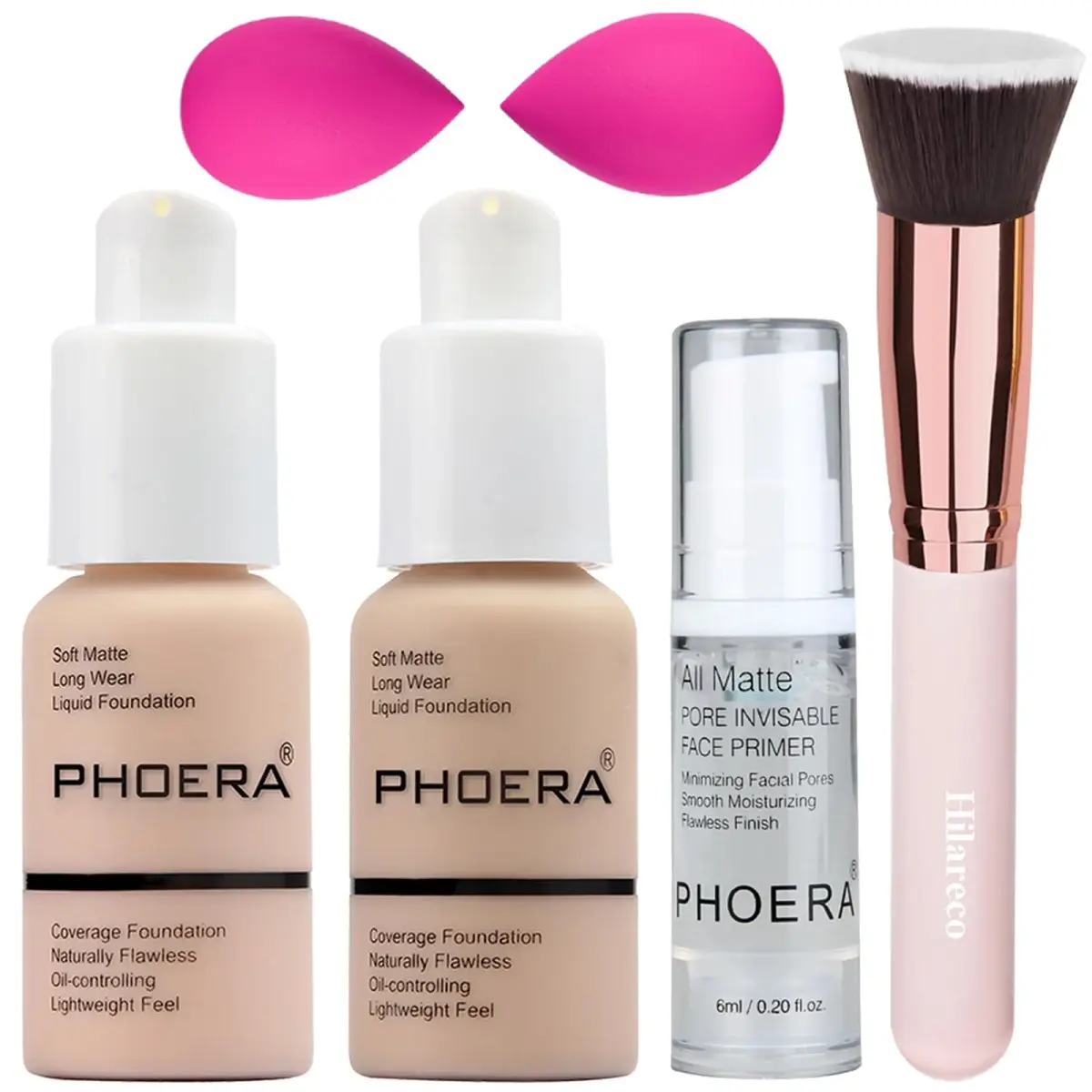 PHOERA Matte Liquide Foundation Full Coverage with Kabuki Brushes (101 Porcelain + 102 Nude) | 30ml (1.01 Fl Oz) | Waterproof & Oil-Controlling - main product image