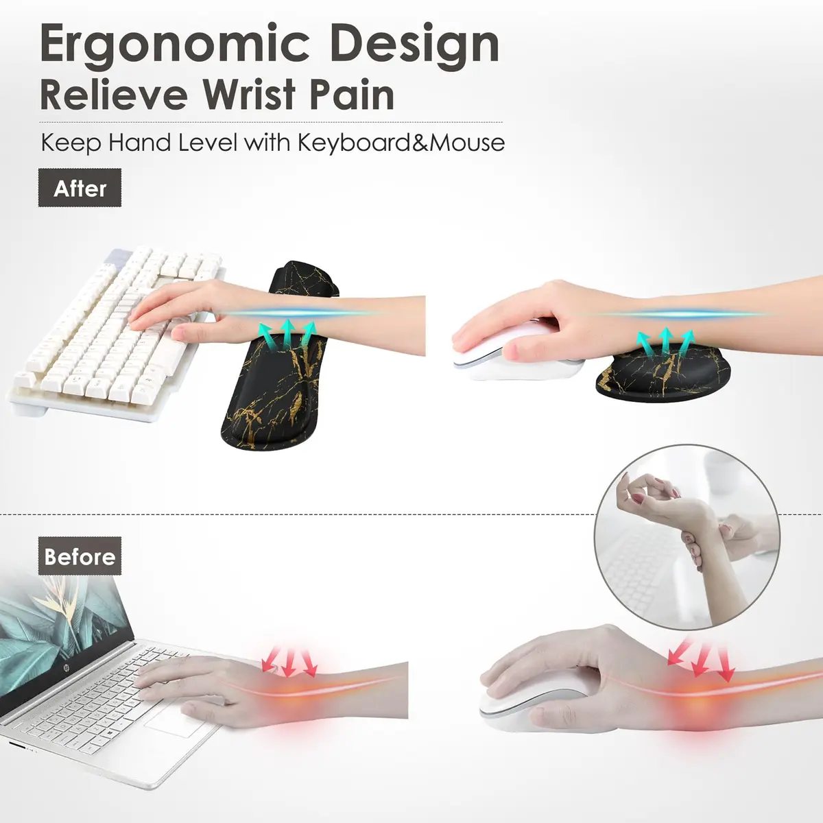 Gimars Upgrade Enlarge Gel Memory Foam Keyboard Wrist Rest Pad & Mouse Wrist Cushion Set, Marble Pattern, 3-Piece Set | Ergonomic Support for Typing Pain Relief - view 5