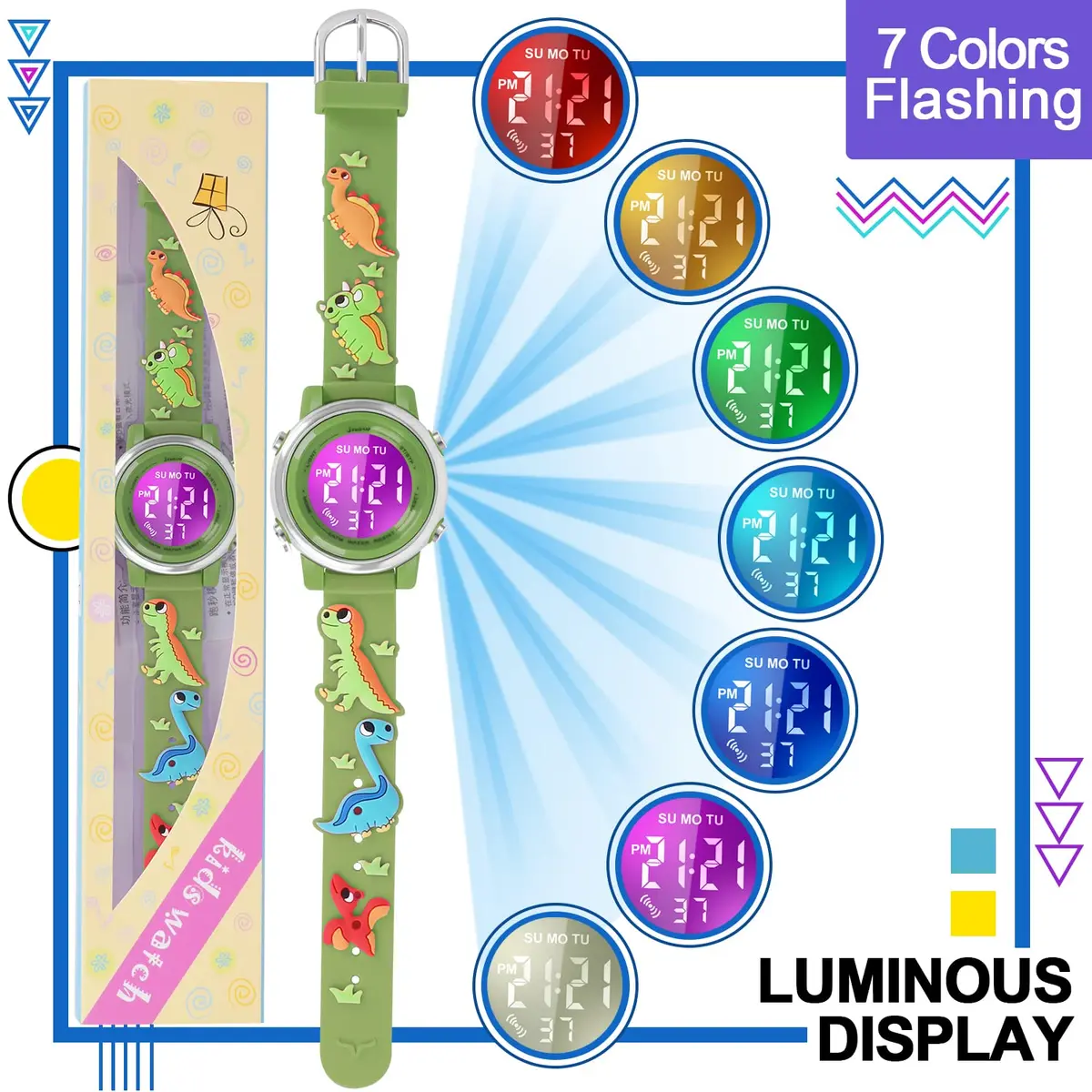 Viposoon Boys' Cartoon Watch Green Silicone Strap | 3ATM Water Resistant Digital Watch for Kids Ages 3-10 - view 5