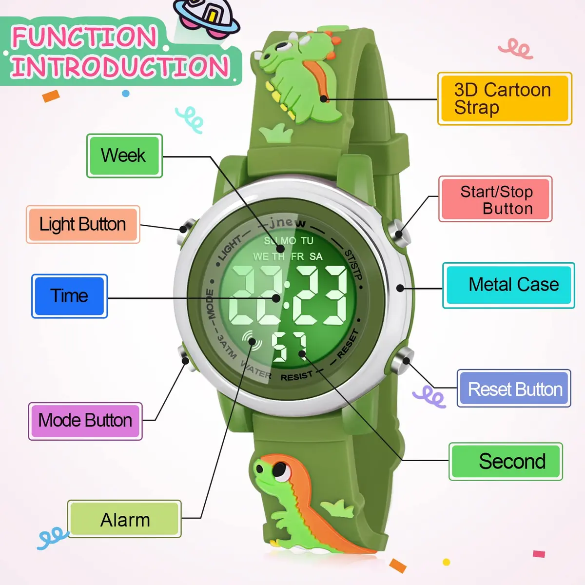 Viposoon Boys' Cartoon Watch Green Silicone Strap | 3ATM Water Resistant Digital Watch for Kids Ages 3-10 - view 2
