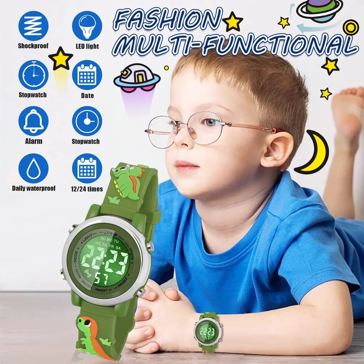 Viposoon Boys' Cartoon Watch Green Silicone Strap | 3ATM Water Resistant Digital Watch for Kids Ages 3-10 - view 3