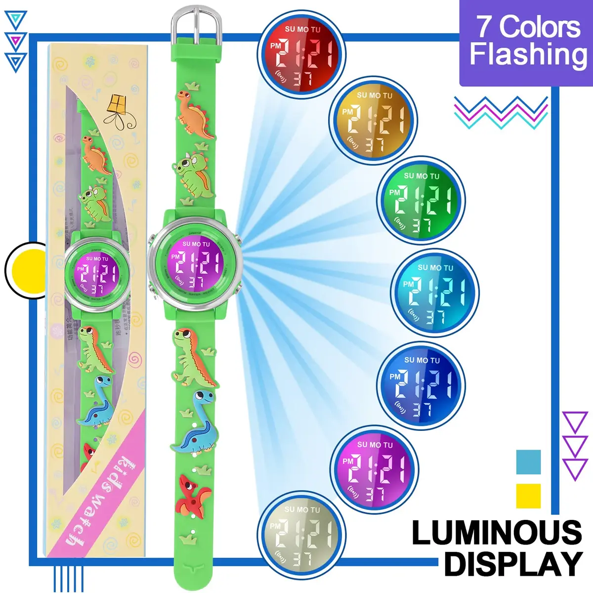 Viposoon Kids Boys Watch Waterproof Educational Toy Gift for 3-10 Years Old | Green Silicone Band with Crystal Dial & 7 Colors LED Backlight - view 5