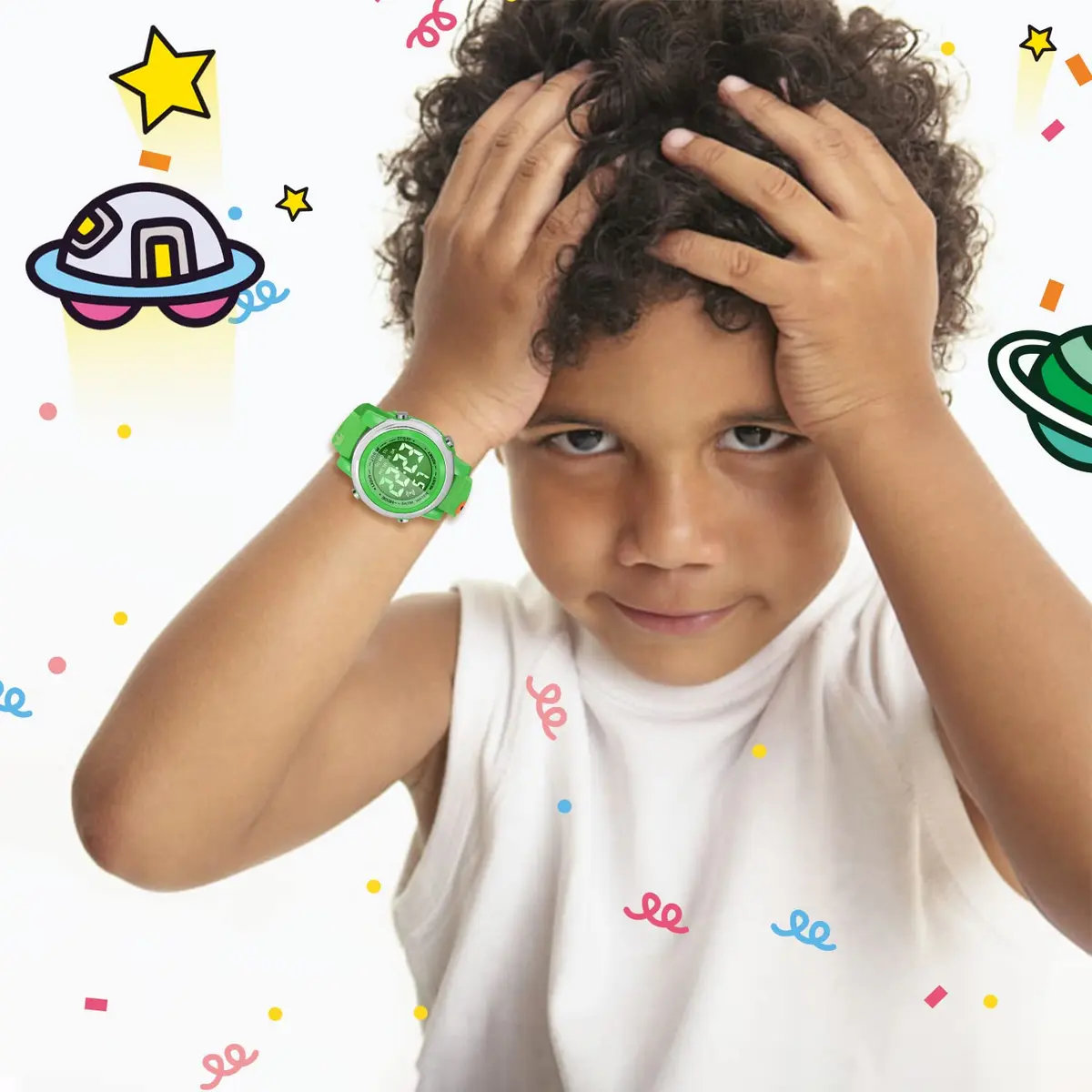 Viposoon Kids Boys Watch Waterproof Educational Toy Gift for 3-10 Years Old | Green Silicone Band with Crystal Dial & 7 Colors LED Backlight - view 6