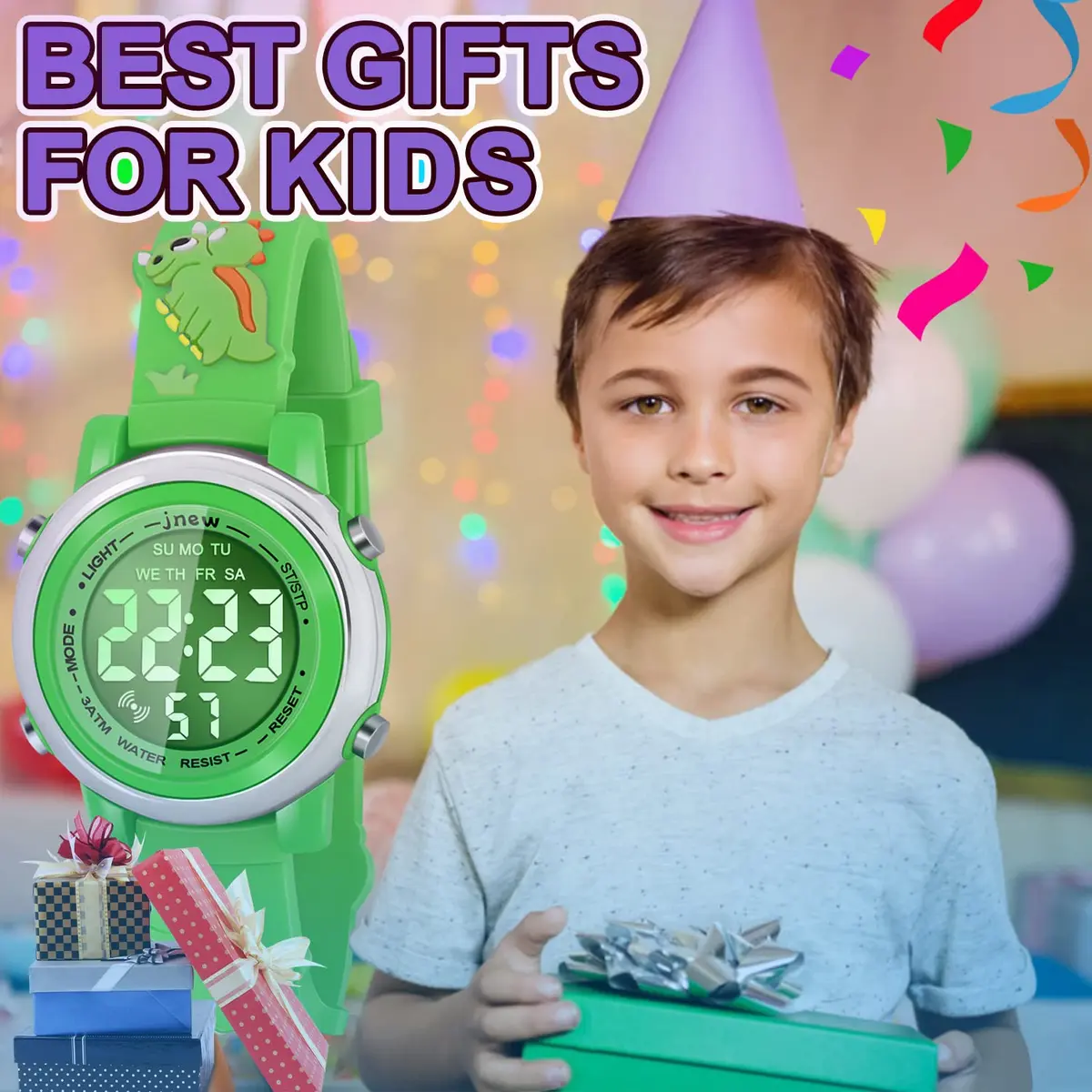 Viposoon Kids Boys Watch Waterproof Educational Toy Gift for 3-10 Years Old | Green Silicone Band with Crystal Dial & 7 Colors LED Backlight - view 7