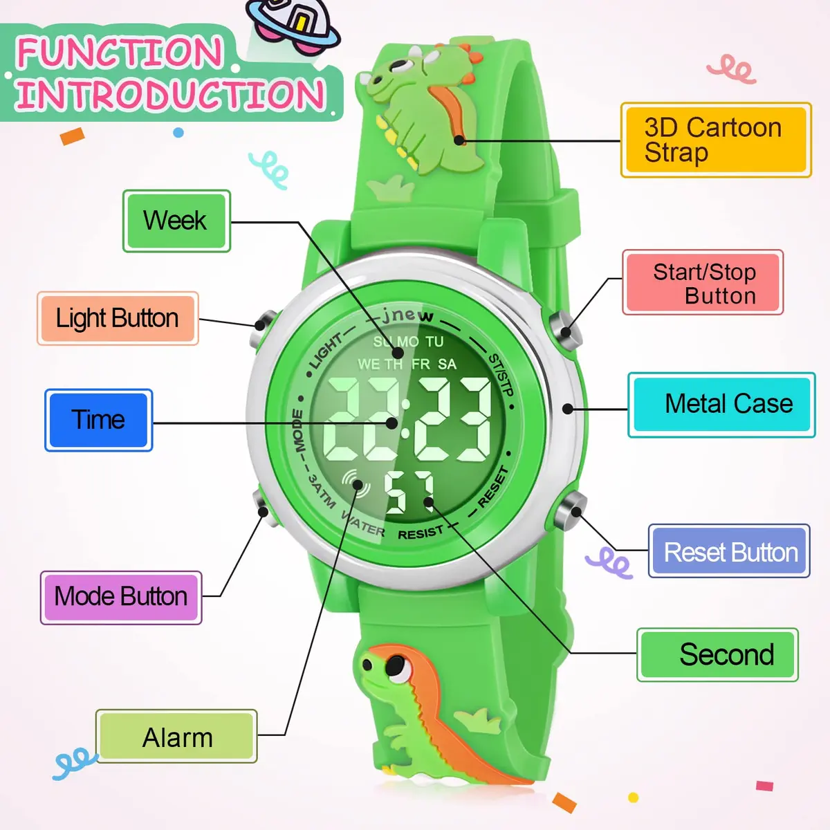 Viposoon Kids Boys Watch Waterproof Educational Toy Gift for 3-10 Years Old | Green Silicone Band with Crystal Dial & 7 Colors LED Backlight - view 2