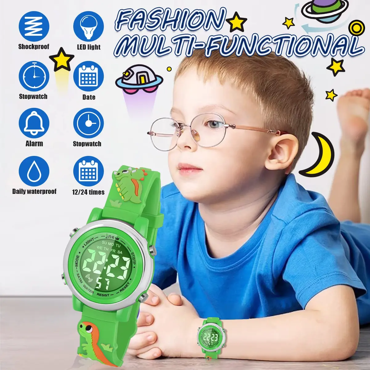Viposoon Kids Boys Watch Waterproof Educational Toy Gift for 3-10 Years Old | Green Silicone Band with Crystal Dial & 7 Colors LED Backlight - view 3
