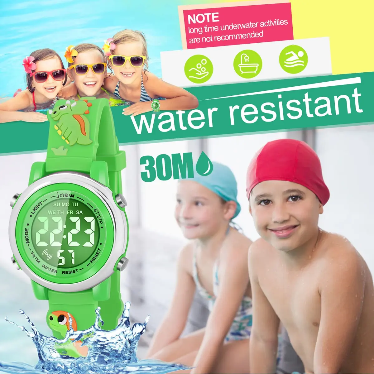 Viposoon Kids Boys Watch Waterproof Educational Toy Gift for 3-10 Years Old | Green Silicone Band with Crystal Dial & 7 Colors LED Backlight - view 4