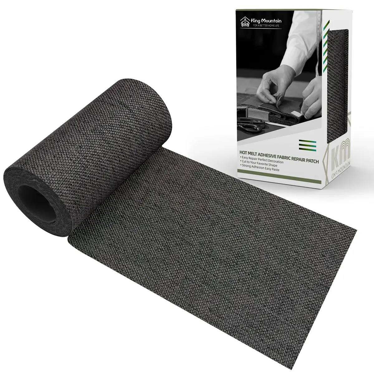KING MOUNTAIN Premium Linen Fabric Iron-On Repair Patch, Dark Grey, 22.8 cm x 152.4 cm (3"x60") | Durable Garment Mending - main product image