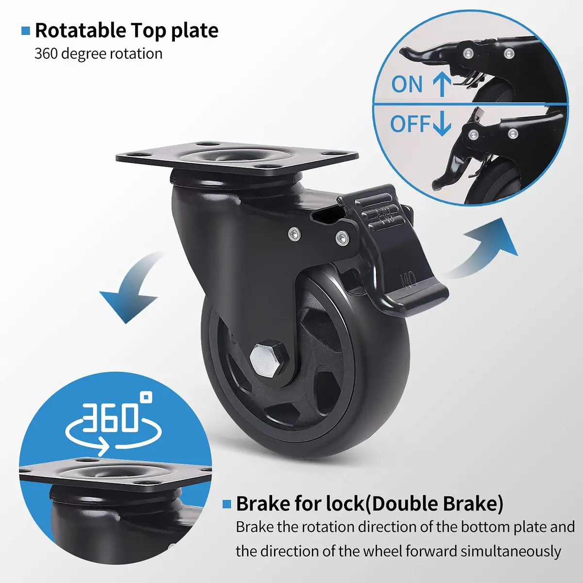 YAEMIKY 4 Inch Heavy Duty Plate Casters 2000lbs | Swivel with Dual Locking for Cart & Furniture - view 4