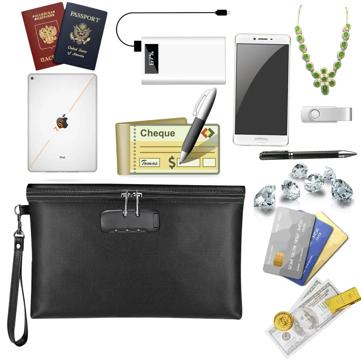 ZOOPIP Fireproof Money Bag with Lock, Black 28.45cm x 19.3cm (11.2"x7.6") | Secure Document & Cash Pouch - view 5
