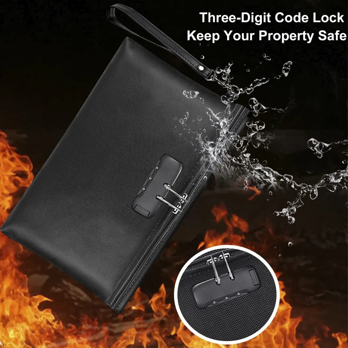 ZOOPIP Fireproof Money Bag with Lock, Black 28.45cm x 19.3cm (11.2"x7.6") | Secure Document & Cash Pouch - view 2
