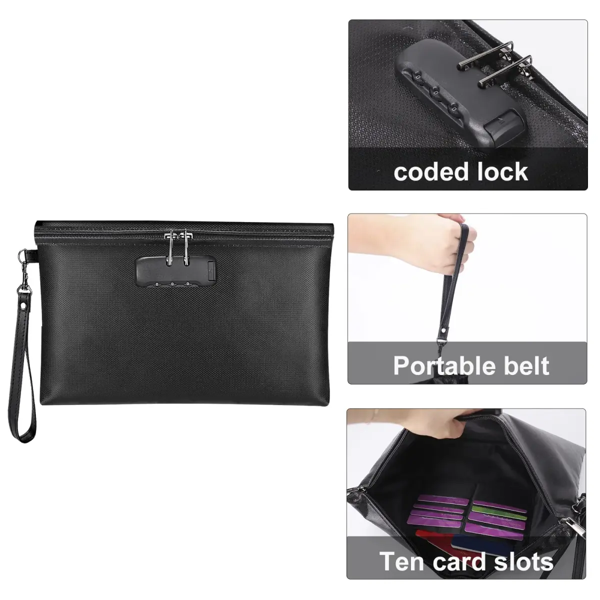 ZOOPIP Fireproof Money Bag with Lock, Black 28.45cm x 19.3cm (11.2"x7.6") | Secure Document & Cash Pouch - view 3