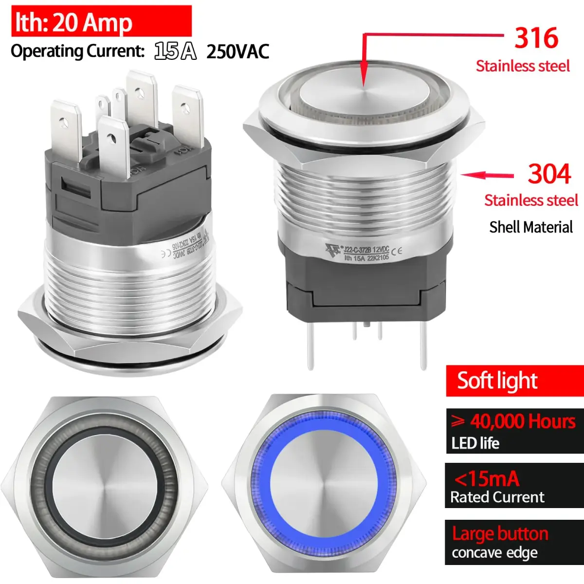ZJWZJH 22mm Latching Push Button Switch 15A 24V Blue LED | UL Listed, IP67 Waterproof, Stainless Steel - view 9