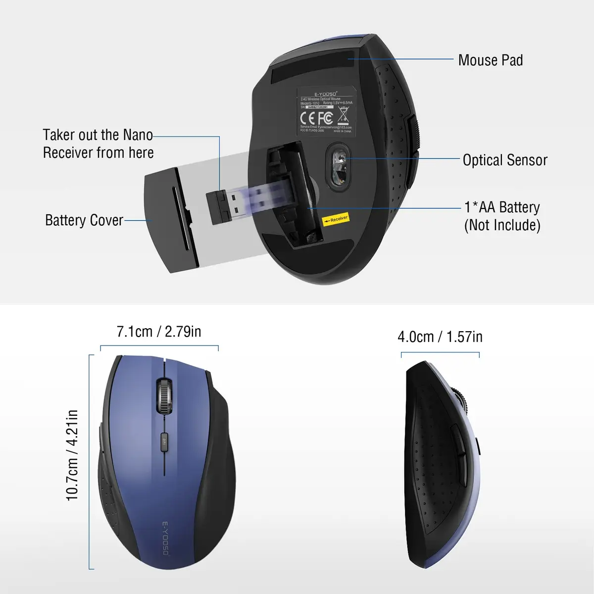 E-YOOSO Wireless Mouse for Laptop | 5-Level 4800 DPI, 18 Months Battery, Portable Blue - view 6