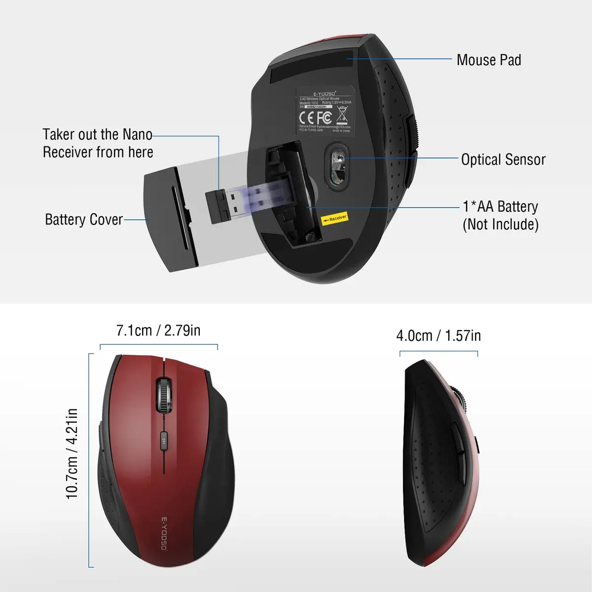 E-YOOSO Wireless Mouse for Laptop | 5-Level 4800 DPI, 18 Months Battery Life, Cordless 2.4GHz, Red - view 6
