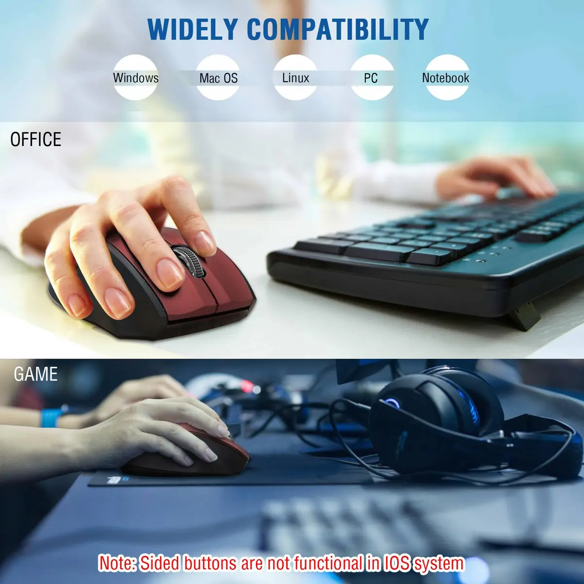 E-YOOSO Wireless Mouse for Laptop | 5-Level 4800 DPI, 18 Months Battery Life, Cordless 2.4GHz, Red - view 7