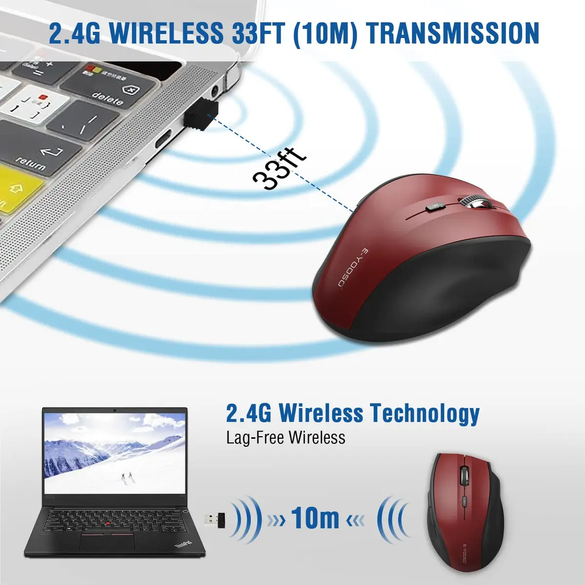 E-YOOSO Wireless Mouse for Laptop | 5-Level 4800 DPI, 18 Months Battery Life, Cordless 2.4GHz, Red - view 3